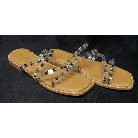 Nicole Miller New York Clear / Silver Pyramid Studded Slide on Flat Sandal - Picture 2 of 11